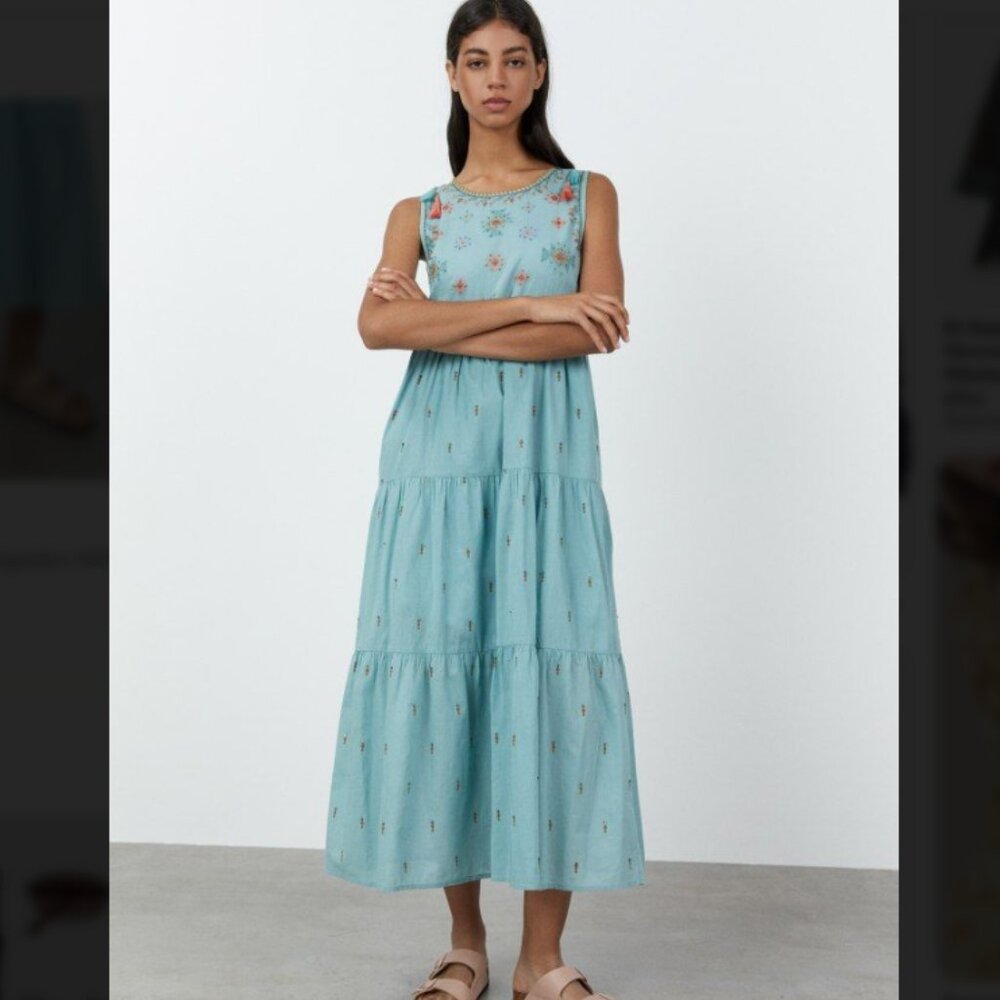 SFERA Beaded and Embroidered Midi Dress in Light Blue - Size Small